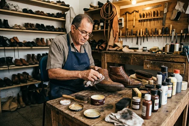 Calçados de couro sendo cuidadores, mostrando produtos e processos de conservação.