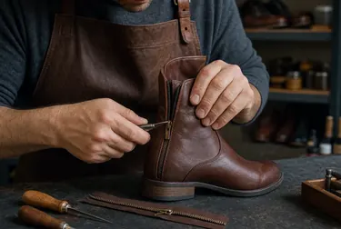 Sapateiro consertando o zíper de uma bota, com ferramentas ao lado.
