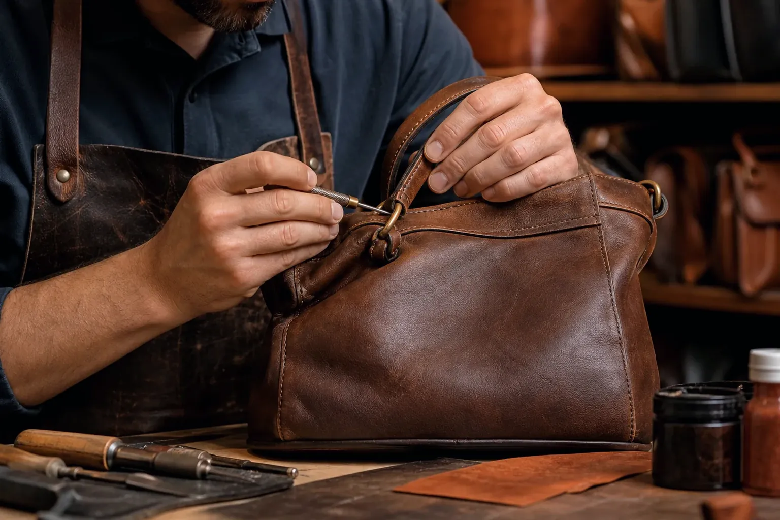 Sapateiro reformando bolsa de couro com materiais de qualidade.