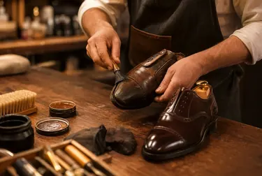 Sapateiro trabalhando na reforma de um sapato social, com ferramentas e materiais visíveis.